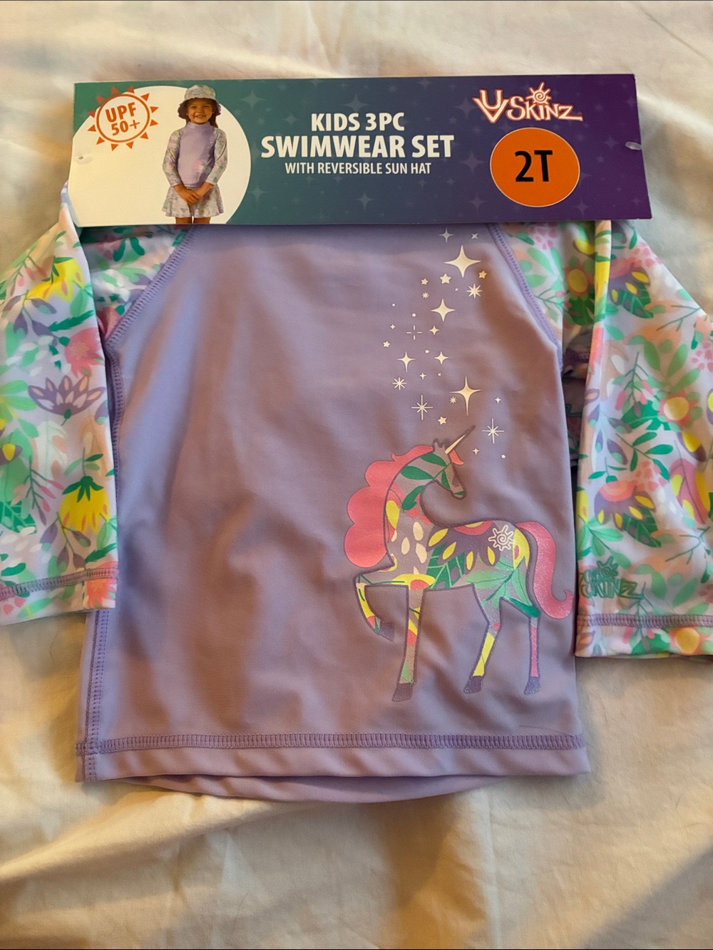 UV Skinz Lavender Kids swimwear set with Floral Sleeves & Unicorn Graphic